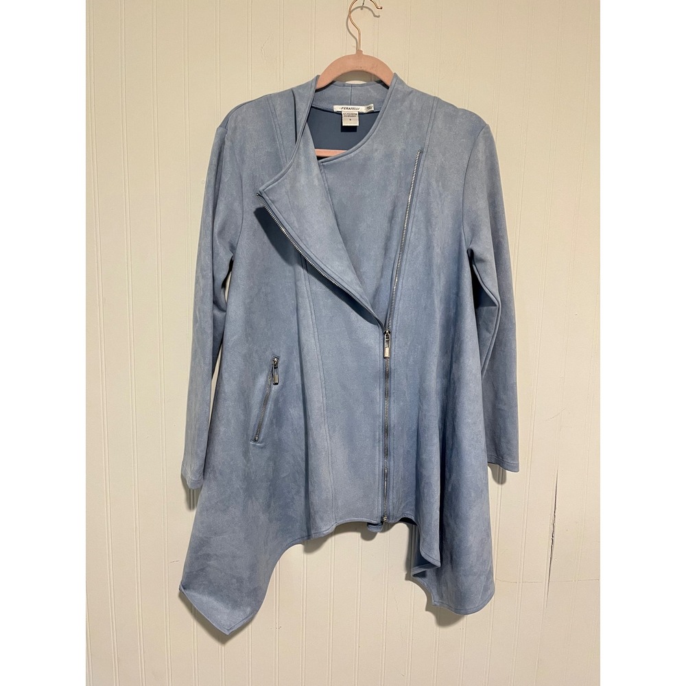Feratelli Faux Suede Jacket Women Small Blue Asymmetrical Zip Moto Sharkbite Hem - Picture 7 of 7